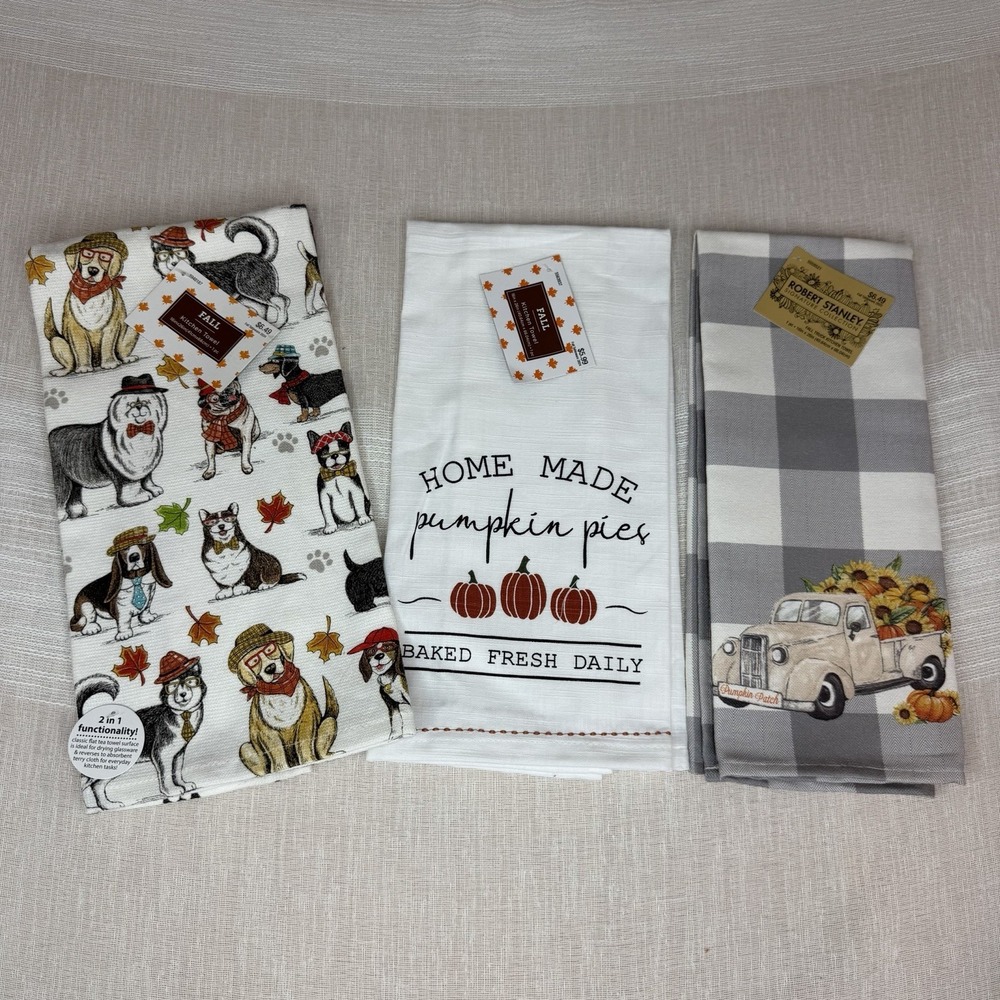 Lot of 3 Fall Kitchen Towels Dogs Pumpkin Pie Truck Pumpkins Thanksgiving NEW